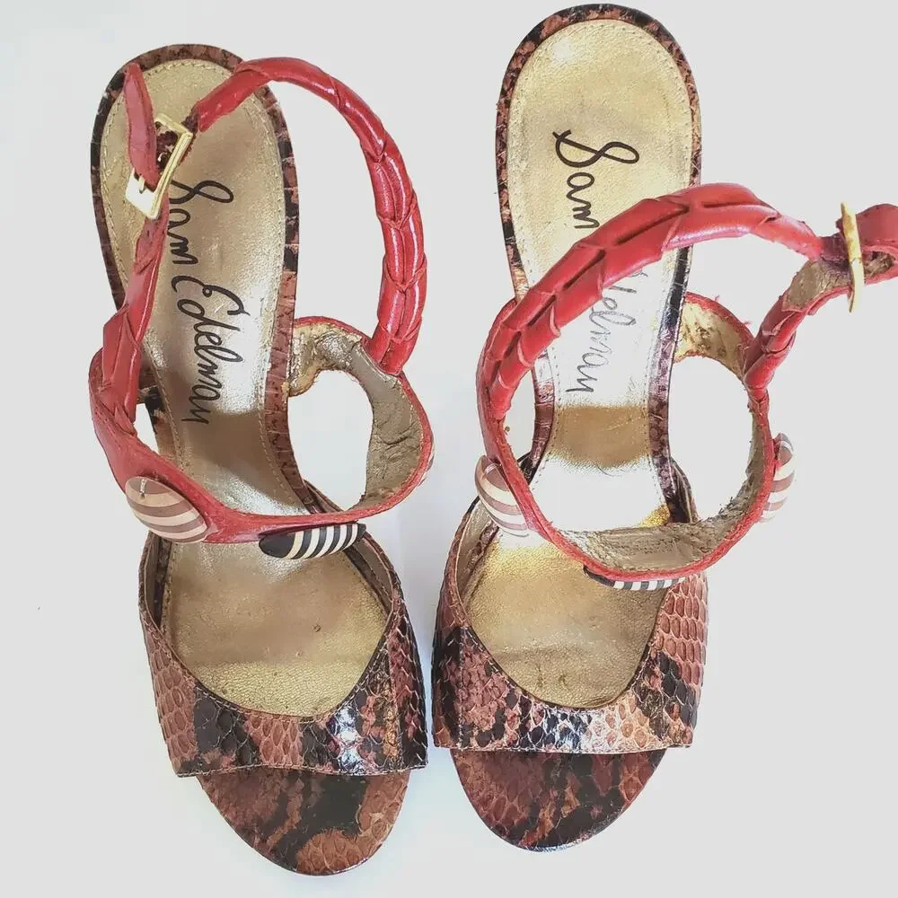 Sam Edelman Oceana Sandals 6.5 Leather Snakeskin Beaded Sling Back Shoes
